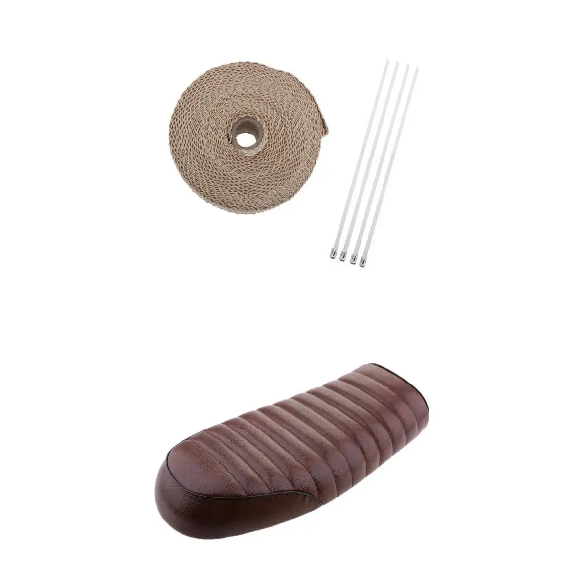 Motorcycle Cafe Racer Seat Brown +2' 32Ft Fiberglass Exhaust Heat Wrap Beige