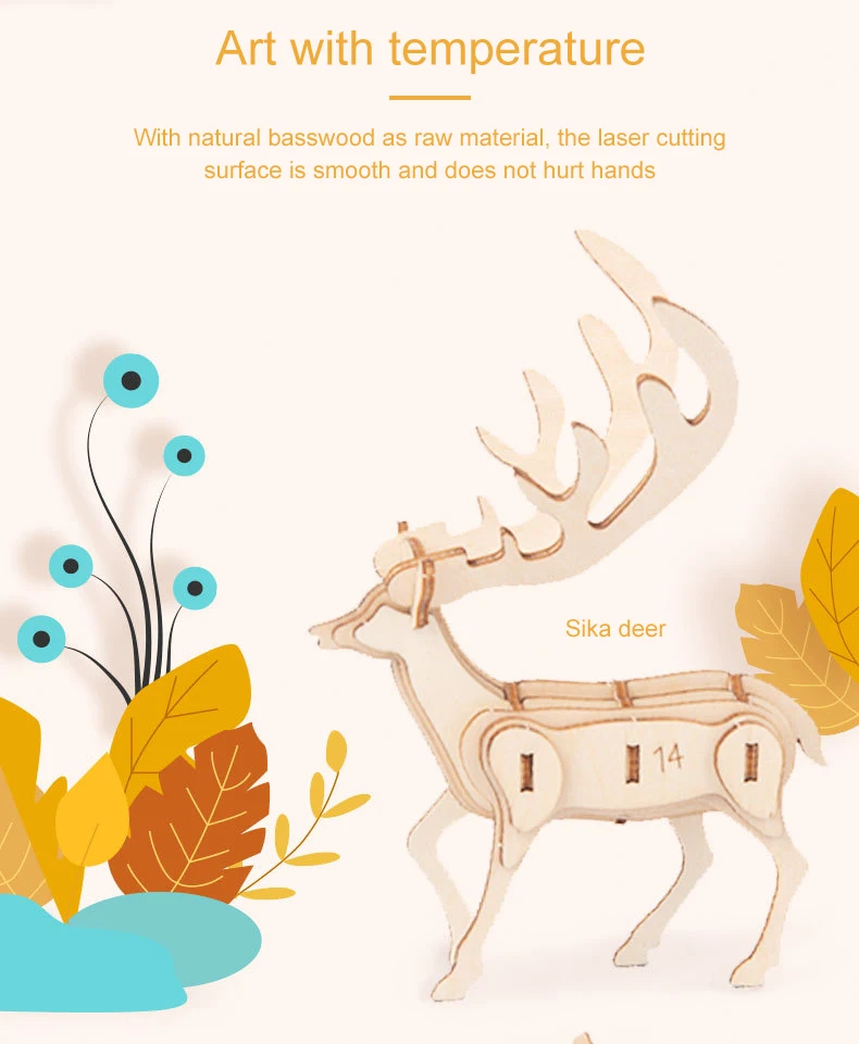 DIY 3D Animal Puzzle Creative Handmade Wooden Puzzles Toys for Children Adult Model Intellectual Education Deer Monkey Jigsaw