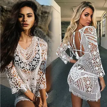 

Brand New 2020 Mujer Brazilian Hollow -out Lace Beach Dress Swimwear Bikini Cover Up Ladies Sexy Transparent Sundress