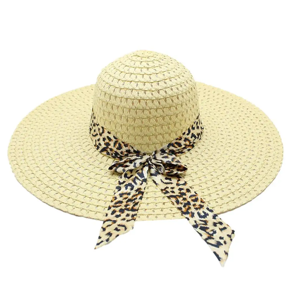 Light Beige Women Leopard Print Big Brim Straw Hat Sun Floppy Wide Brim Hats Beach Cap Fashion Embroidery Baseball Caps Men Women Snapback - Цвет: Light Beige