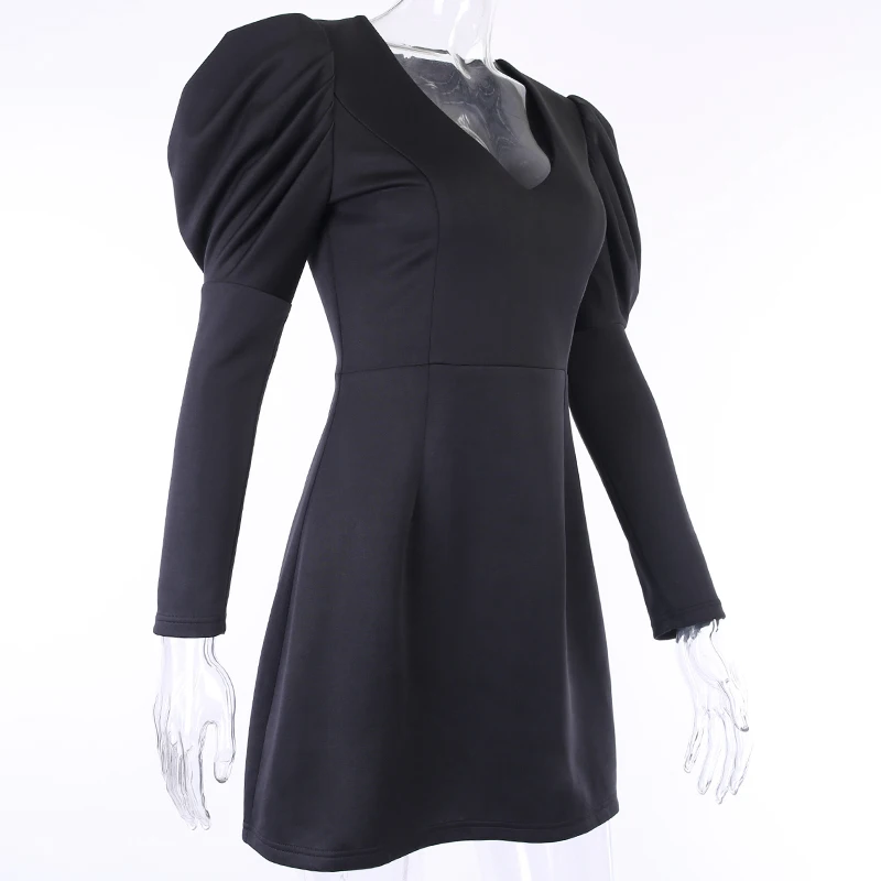 InstaHot, черное, с глубоким v-образным вырезом, элегантное сексуальное платье с пышными рукавами, облегающее и расклешенное, винтажное, тонкое платье для женщин, осенние платья для вечеринок