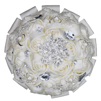 

Ivory Rose Holding Flowers Handmade Satin Ribbon Wedding Flowers Bridal Bouquets Diamond Crystal For Bride Ramos De Novia W288J