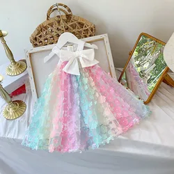 Vestido de verão para meninas, roupas para bebês, crianças, moda coreana, vestido tridimensional de flores, laço grande com gradiente colorido, 2021