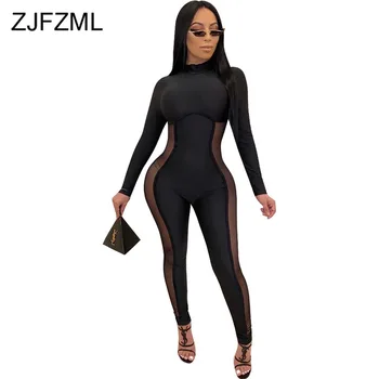 

Mesh See Through Sexy Bandage Jumpsuits Women Turtlenck Full Sleeve Party Boaysuit Casual High Waist Slim Fit One Piece Overall
