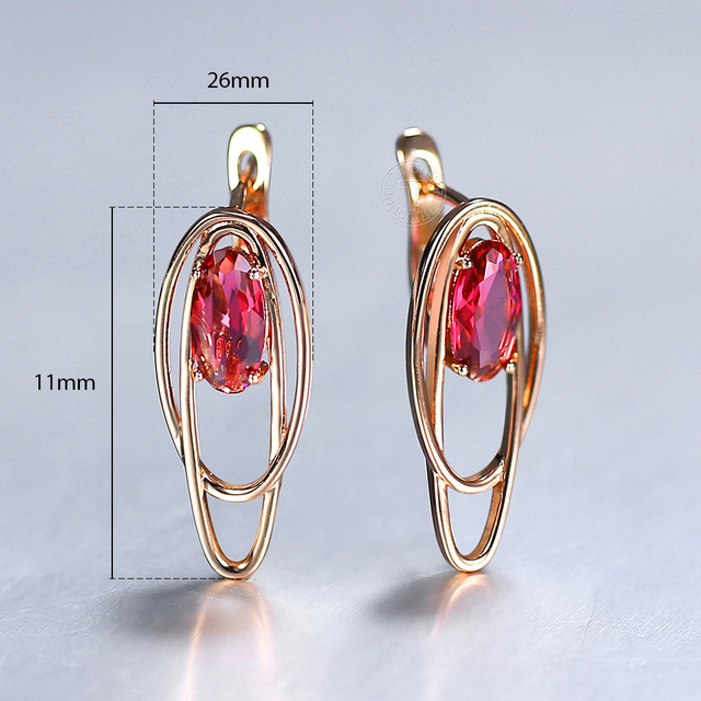 Rose Gold Geometry Double Oval Red Stone Drop Dangle Earrings for Women Girls Wedding Jewelry GE349