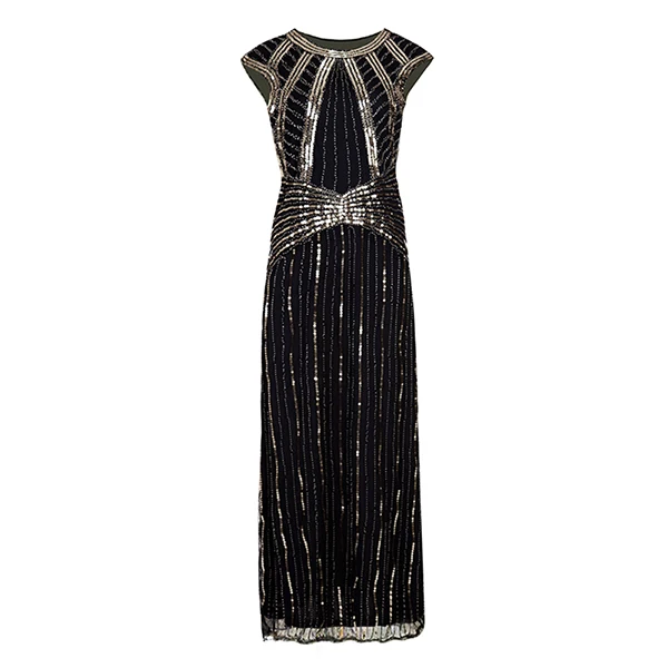 Golden-black 1920s длинные платья с пайетками, женские винтажные платья, большие вечерние платья в стиле Гэтсби, арт-деко, миди, украшенные, сексуальные летние платья без рукавов - Цвет: Golden-black
