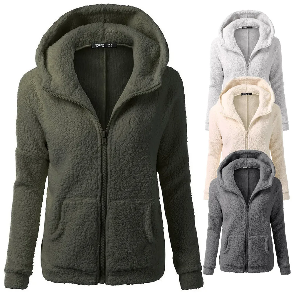 Women Solid Color Coat Thicken Soft Fleece Winter Autumn Warm Jacket Hooded Zipper Overcoat Female Fashion Casual Outwear Coat