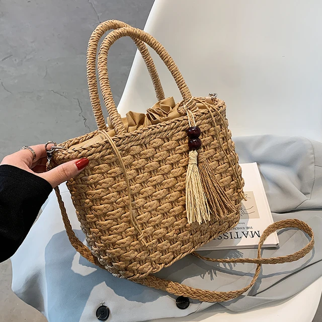 Tassel Design Woven Crossbody Basket - Bohemian Paper Rope Summer Bag