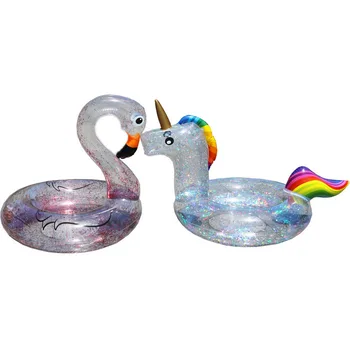 

Spot Supply 2020 New Fully Transparent Sequined Flamingo Unicorn Swimming Tube Net Red PVC Water Ring Children's Swimming Gift