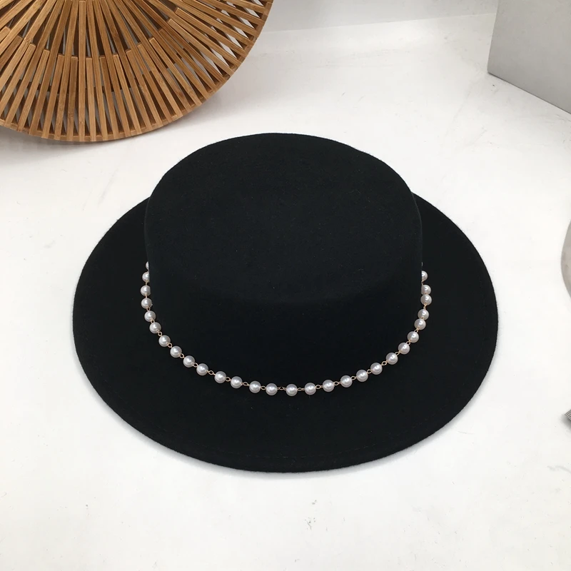 Trill большой V большой красоты с черной шерсти шляпа мода женский Британский Джокер Жемчуг Короткие карнизы плоская шляпа