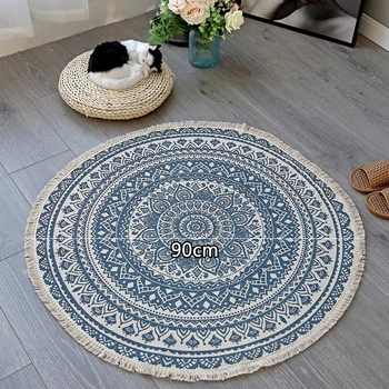 

90cm Bohemian Style Round Rug With Tassel Cotton Woven Carpet For Living Room Bedroom Mandala Design Floor Mat Home Decoration