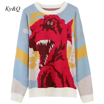 

European Women Fashion New Winter Pullovers Sweater Long Sleeve Dinosaur Embroidered O-Neck Blue Loose Knit 2019 Clothes