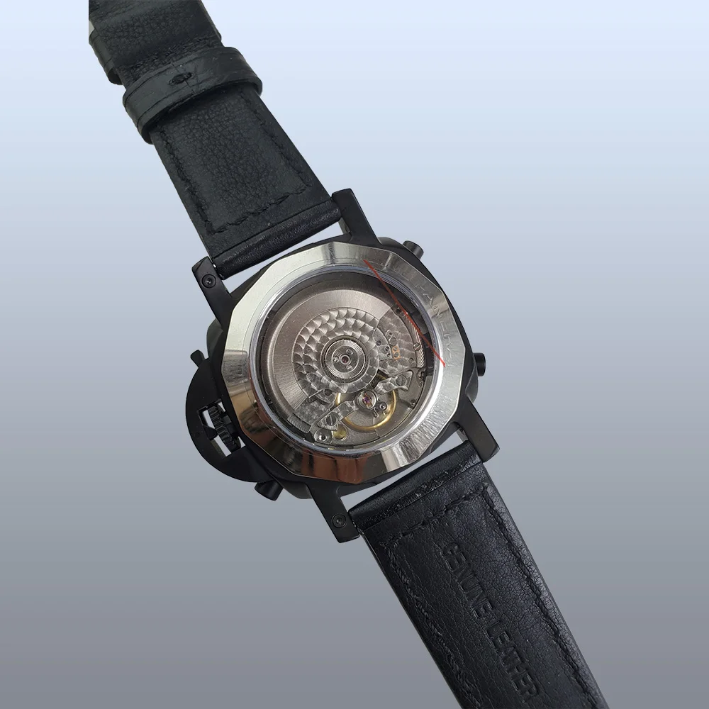 Часы автоматический запас мощности 44 мм военный световой указатель PVD Черный Чехол кожаный ремешок из нержавеющей стали минеральное стекло S33