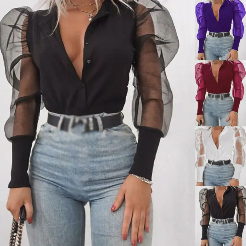 Женщины Сплайсинга сетки Sheer с длинным слоеным рукавом Блузка Кружева V шеи