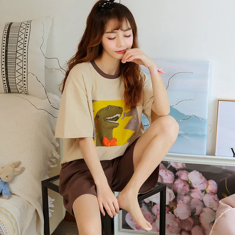 

2020 Summer New Fashion Cartoon Dinosaur Printed Cute Cotton Short Sleeve Female Pajamas