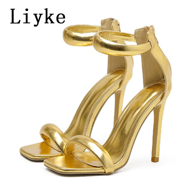 Liyke Gladiator High Heels Sexy Gold Sandals Fashion Square Toe Ankle Cover Strap Stiletto Stripper Women Shoes Pumps