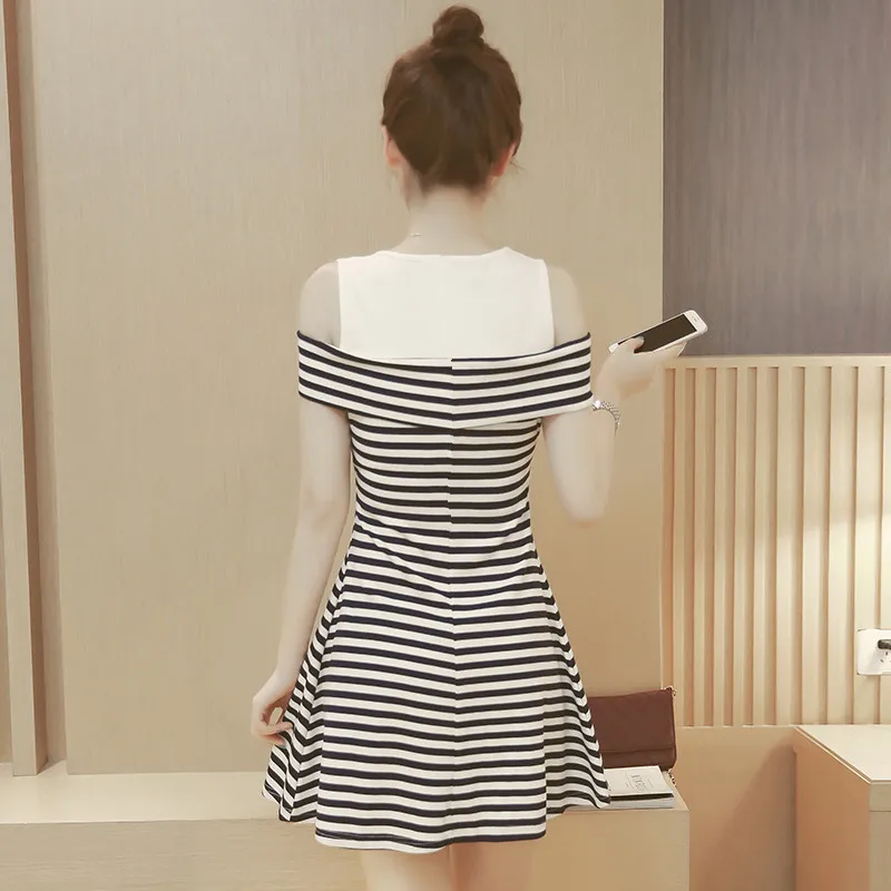 

New Style A- line Skirt Mid-length Slimming Stripes Splicing Dress Summer New Style Large Size Dress Slim Fit lu jian qun