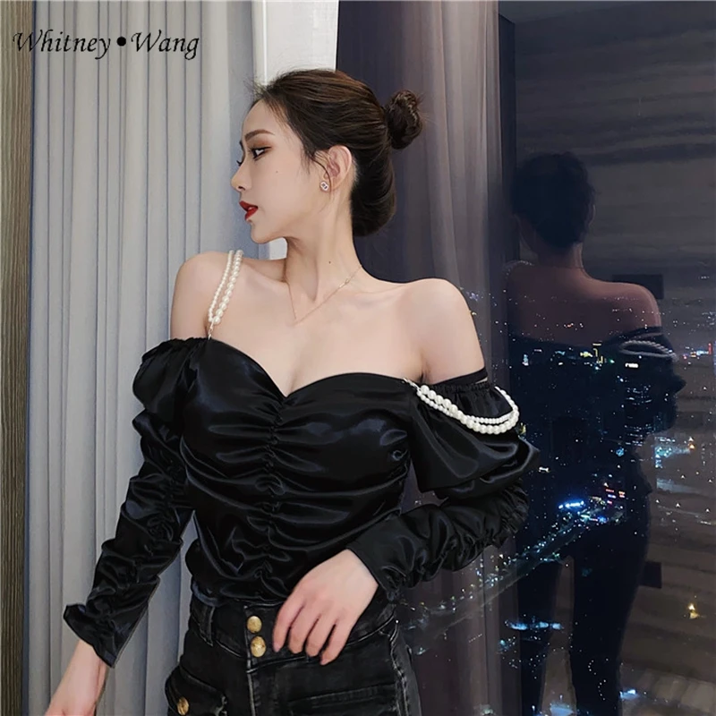 WHITNEY WANG, блузки,, Весенняя мода, уличная одежда, сексуальная, с вырезом лодочкой, с жемчугом, на бретелях, атласная блузка, женские блузы, рубашки, вечерние, Топ