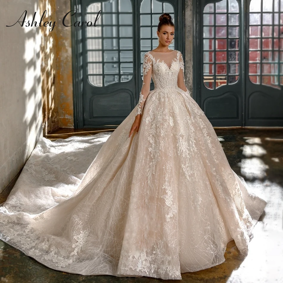 

Ashley Carol Lace Ball Gown Wedding Dresses 2020 Long Sleeves Vestido De Noiva Appliques Lace Up Princess Cathedral Bridal Gowns