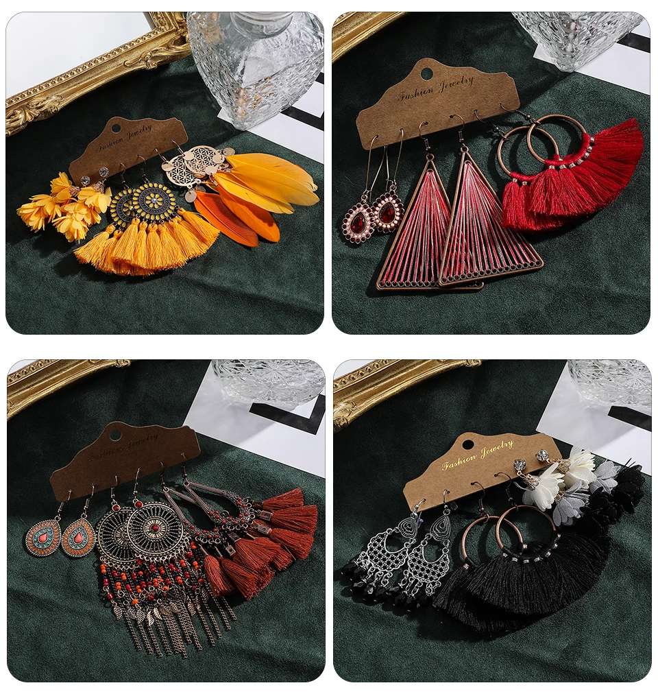 Ethnic Sundry Color Feather Tassel Earrings Sets Bundles for Women 2020 Boho Vintage Metal Water Drop Earring Jewelry Gifts Accessories Wholesale Dropshipping (247)