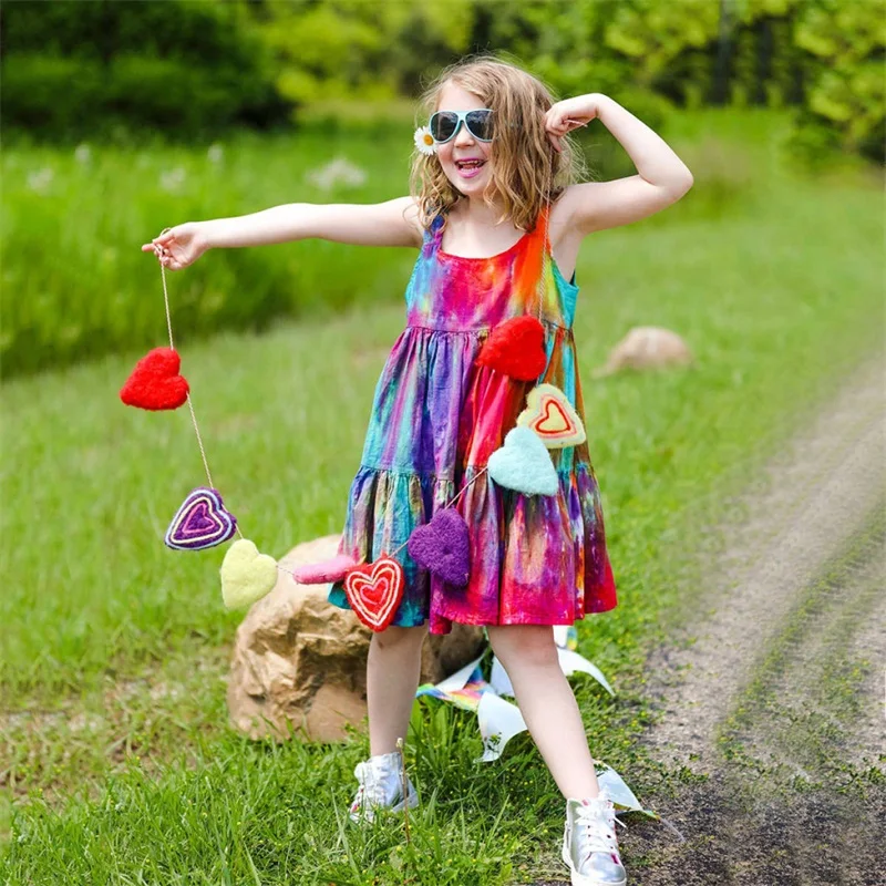 【标题参考】-Toddler Baby Girls Sleeveless Rainbow Tie_Dyed Print Princess Dress