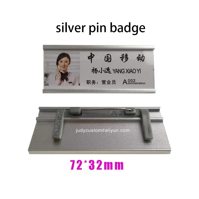 silver pin 72X32mm 50 шт пустая именная табличка многоразового использования держатель с булавкой Имя персонала ярлык алюминиевый владелец значка - Цвет: silver pin 72X32mm