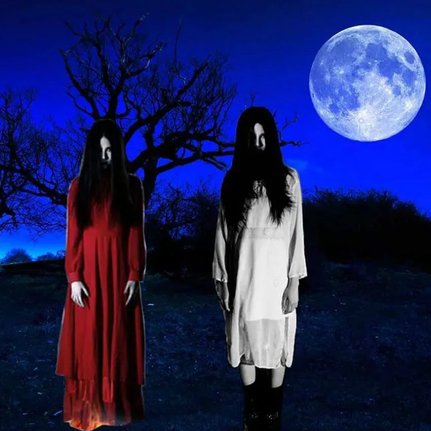 White Red Solid Plus Size Woman Gown Sadako Halloween Masquerade Scary Costumes with Wig Bride Terror Robe Dress for Female