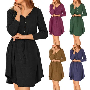 Women Dress Autumn Winter Solid Color V-neck Fashion Long-sleeve Button Belt Ladies Dress