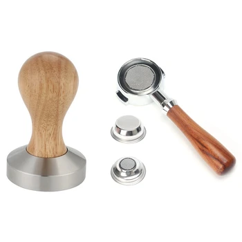 

4 Pcs Coffee Machine Accessories: 1 Pcs Wooden Coffee Tamper 58mm & 3 Pcs Bottomless Handle with Filter Basket