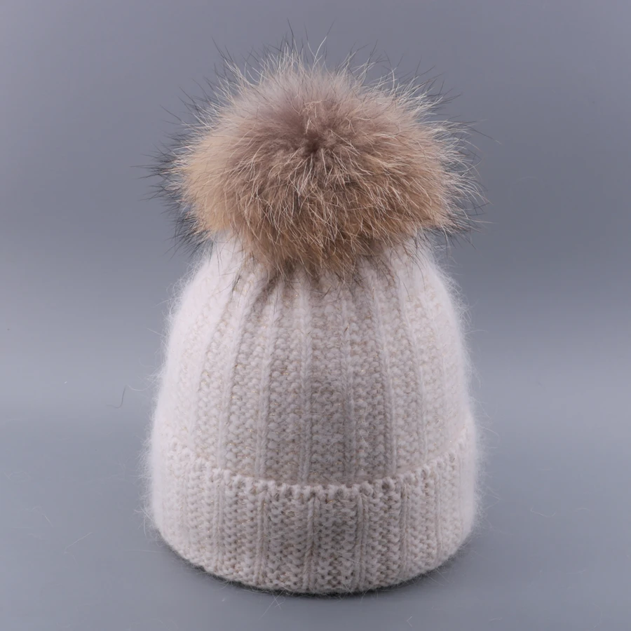 Зимняя вязаная женская шапка Skullies, винтажная яркая шелковая шапка с кроличьим мехом, шапка с настоящим помпон из меха енота горро, Лыжные шапки для девочек