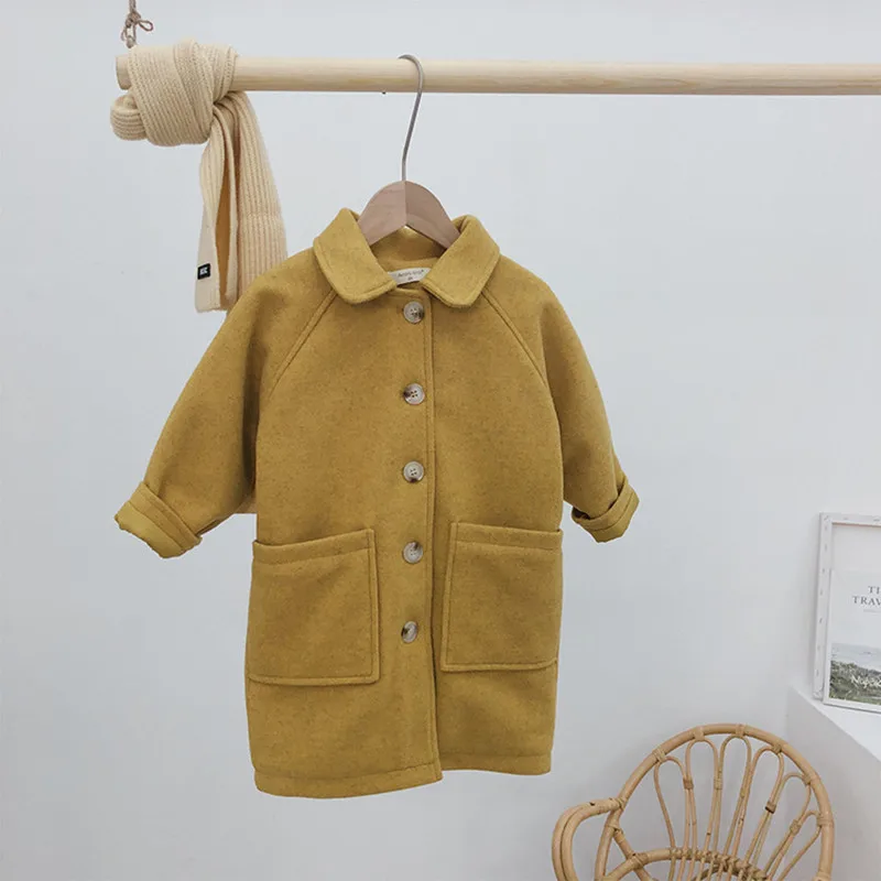 Yellow Высококачественное корейское длинное однобортное шерстяное пальто для девочек Модная хлопковая верхняя одежда с отложным воротником для детей от 1 до 8 лет, одежда для малышей - Цвет: Yellow