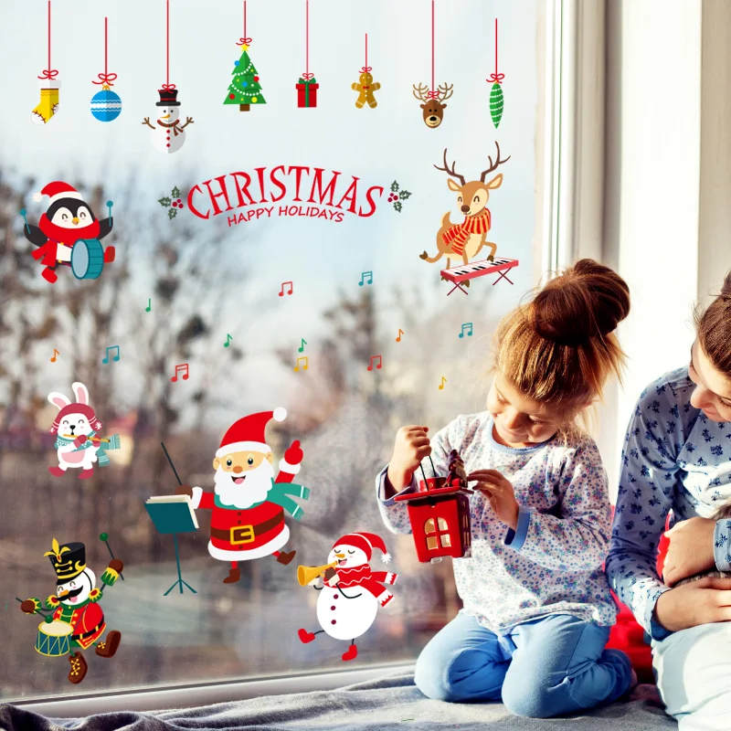 Рождественские украшения для дома, Navidad, наклейки на окна, снежинка, лось, стеклянные наклейки, Санта, настенные фрески, рождественские, вечерние, Декор