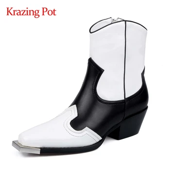 

Krazing pot western boots real leather mixed colors classics square toe thick med heel zipper young lady mature ankle boots L50