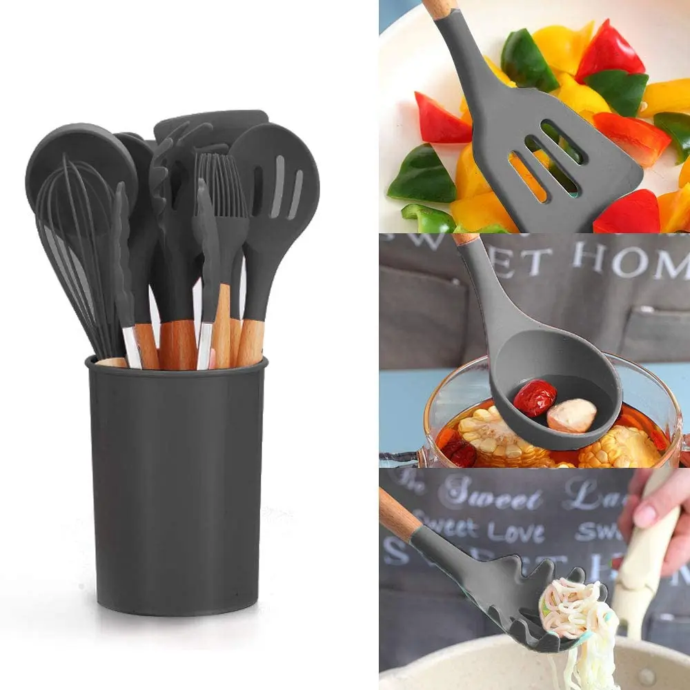 

Silicone Cooking Utensils Set Non-stick Spatula Shovel Wooden Handle Cooking Tools Set With Storage Box Kitchen Tools