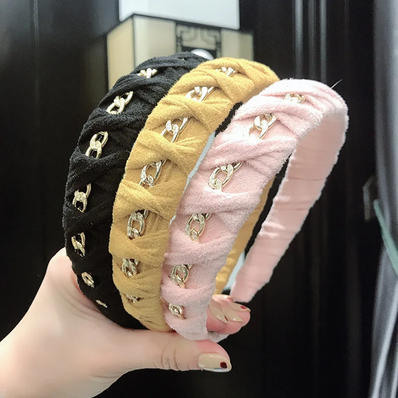 

Female Non-slip Hair Hoop Vintage Hair Accessories Wide Side Knotted Flannel Braided Head Hoop Solid Color Metal Chain Headbands