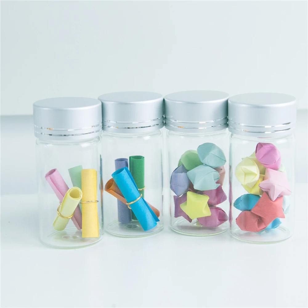 50Pcs 25ml Transparent Glass Container Screw Plastic Lid with Silver Tangent Cute Wishing Craft Vial Refillable Travel Bottles