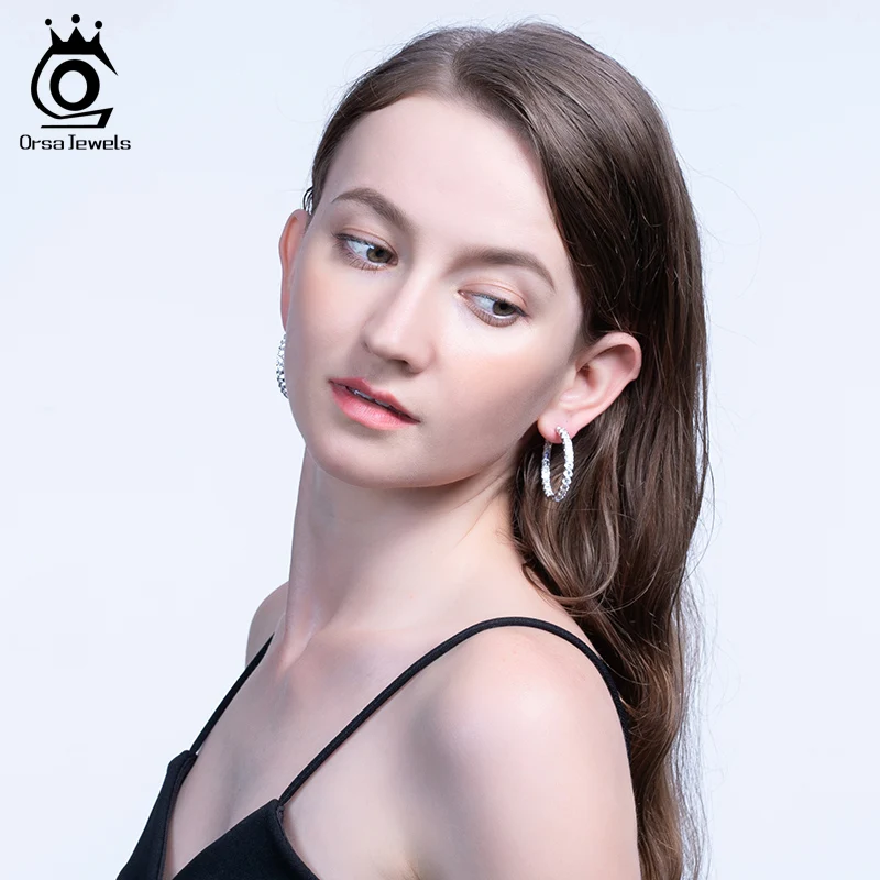 ORSA JEWELS настоящие 925, женские серьги-кольца, полный циркон, 34 мм, Стерлинговое Серебро, круглые серьги, модное утонченное ювелирное изделие, SE221