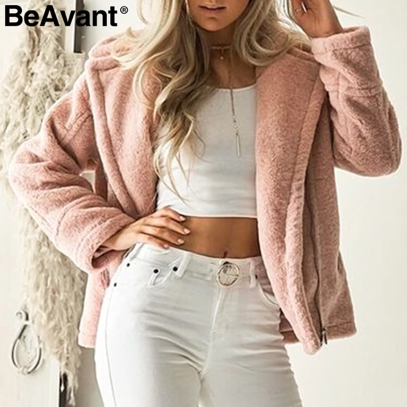 BeAvant плюшевое пушистое толстое пальто из искусственного меха для женщин на молнии осень зима теплое Женское пальто повседневное роскошные женские куртки пальто