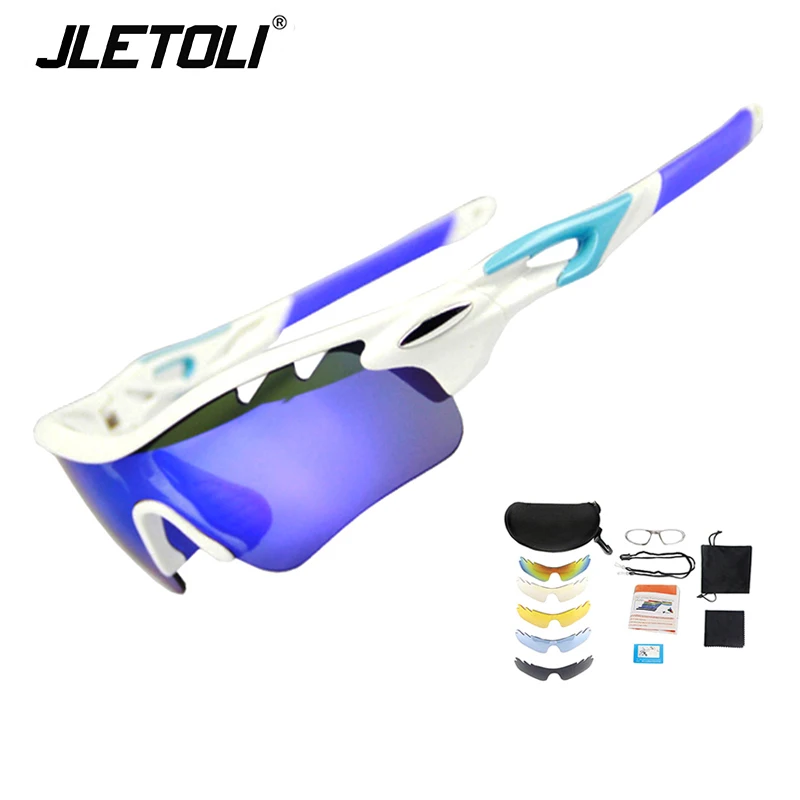 JLETOLI, спортивные велосипедные очки, поляризационные, мужские, UV400, для шоссейного велосипеда, солнцезащитные очки, для велосипеда, очки Mtb, 1 рамка, 5 линз - Цвет: white blue