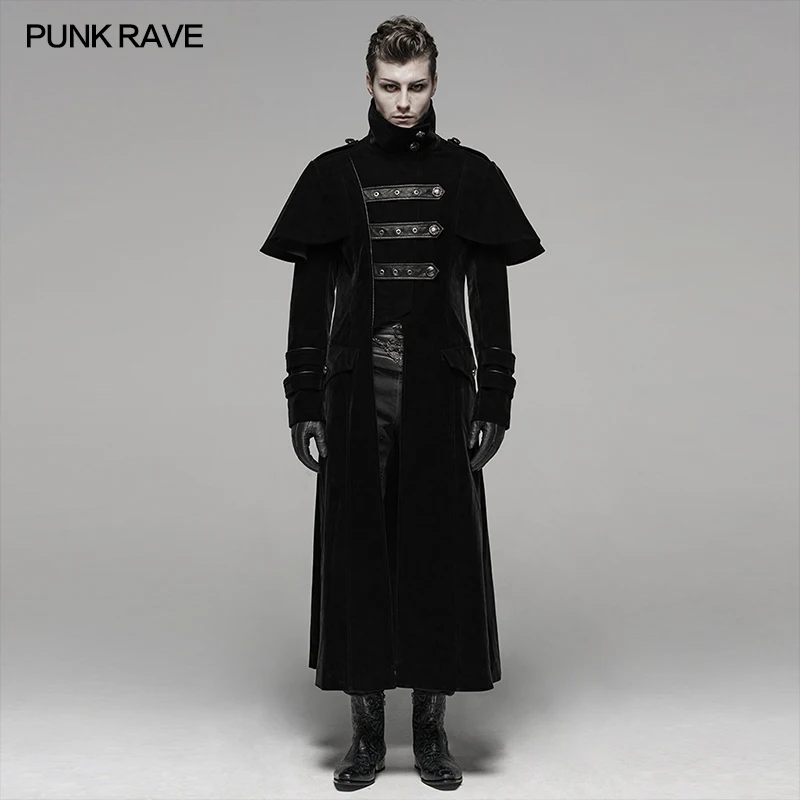 

PUNK RAVE Men's Punk Military Uniform Non-removable Cloak Will Weft Velvet Long Coat Handsome Party Club Windcoat Jacket Men