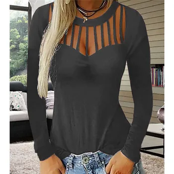 

Hot Women Summer Top Sexy Ladies Hollow Out V-Neck T Shirt Casual Long Sleeve Solid Color T-shirt Female Simple Streetwear Tops