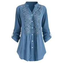Женская блузка большого размера, на пуговицах, с кружевом, с v-образным вырезом, с длинным рукавом, рубашка размера плюс 5XL, блуза, 6 цветов, винтажные женские топы, женская блуза@ 45