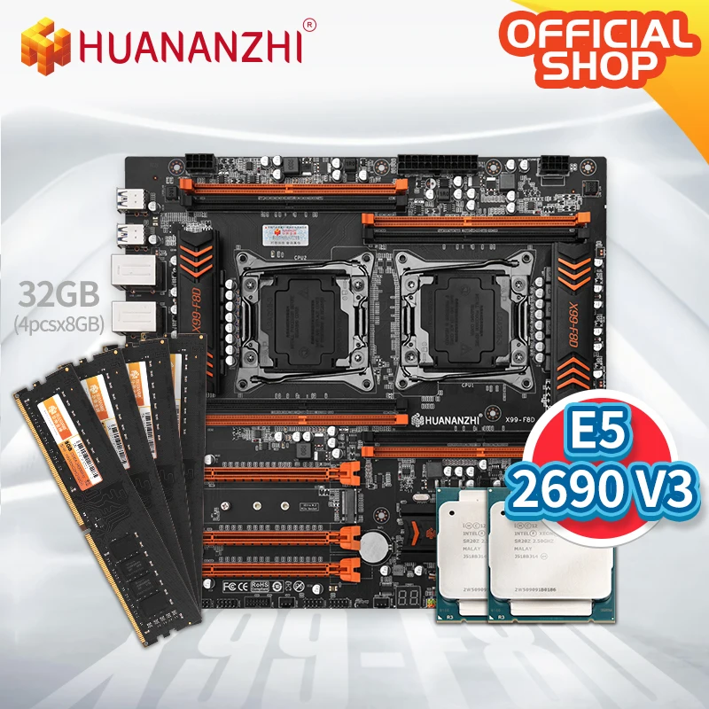 HUANANZHI X99 F8D Материнская плата Intel Dual с XEON E5 2690 V3 * 2 4*8 ГБ DDR4 NON-ECC памяти комбо комплект