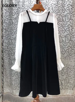 

One Piece Dress 2020 Spring Style Women Black White Color Block Patchwork Long Sleeve Straight Cute Velvet Dress Lolita Girl