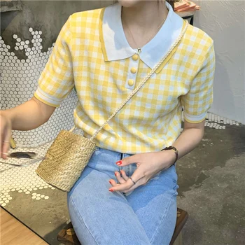 

Yellow Plaid Summer T-Shirts Women Turn Down Collar Short Sleeve Knitted Tops Buttons Vintage Kawaii Korean Shirts Knitwear W643
