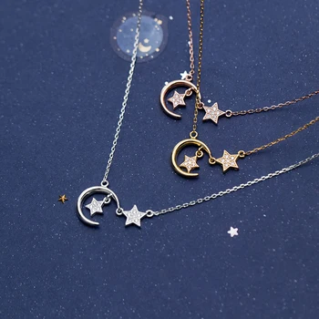 

925 Sterling Silver Moon Star Pendant Necklaces Micro Cubic Ziron Charm Necklace Jewelry For Women Gifts Wholesale S-N535