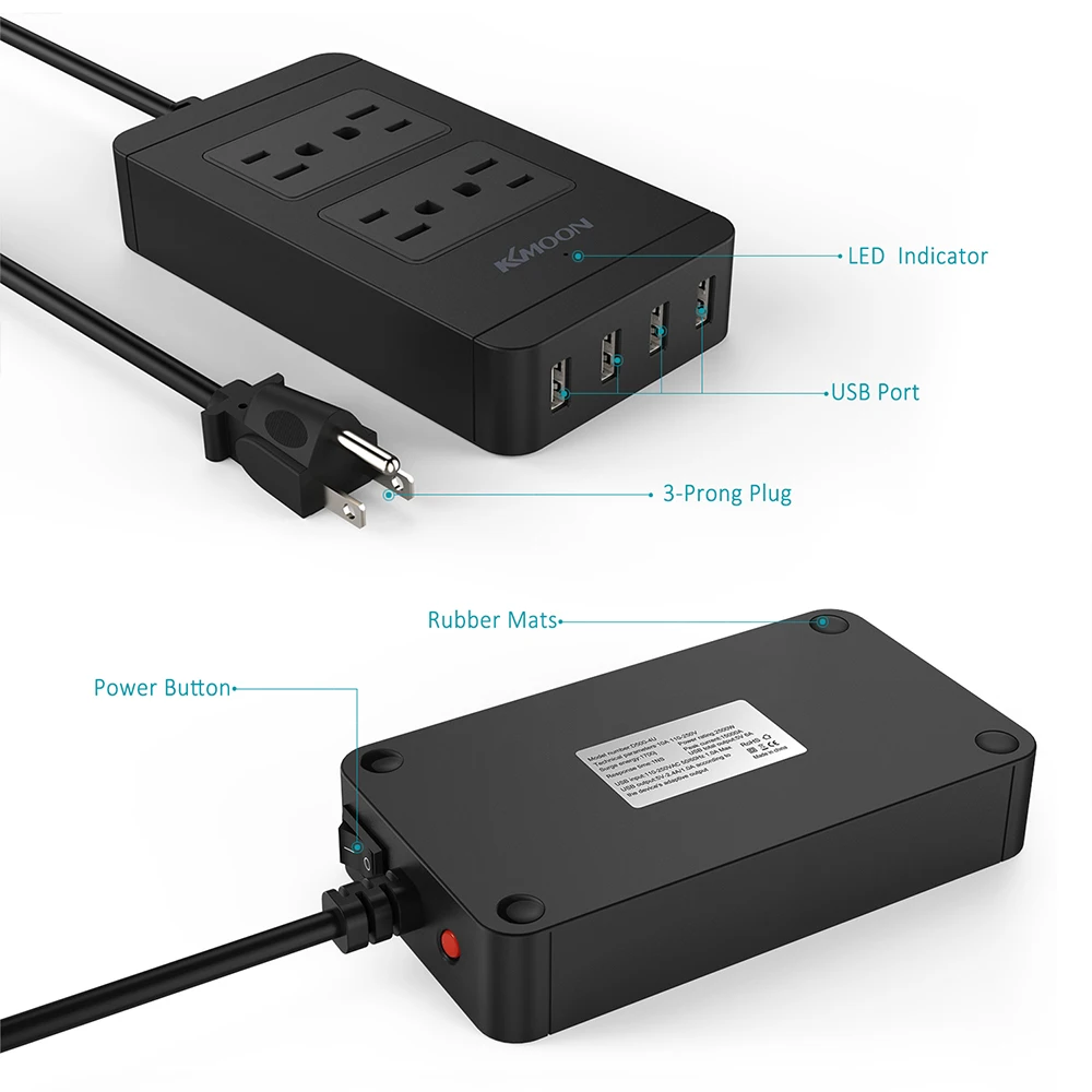 KKmoon 2500W 110-240V 4 стандарт США розетки 4 usb порта розетка зарядное устройство для samsung iPhone планшета