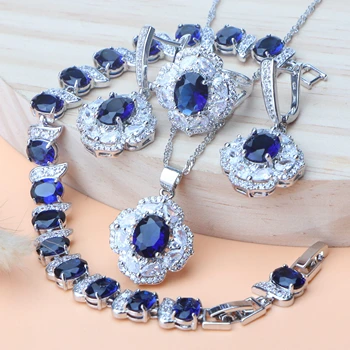 

Bridal Women Silver 925 Jewelry Sets Blue Zirconia Costume Jewerly Earrings Set of Bracelets Pendant Wedding Necklace Rings