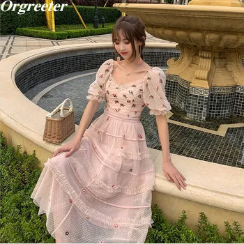 

High Quality Floral Embroidery Mesh Dress Women Summer V-neck Puff sleeve Slim Ruffles Dot Printing Net yarn Sweet Girls Dresss