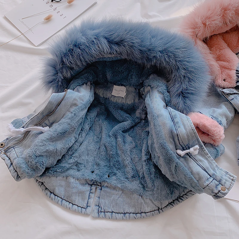 OLEKID/ г. Зимняя джинсовая куртка для маленьких девочек, бархатная теплая верхняя одежда с натуральным мехом для маленьких девочек, пальто От 1 до 5 лет, Детская парка для маленьких девочек